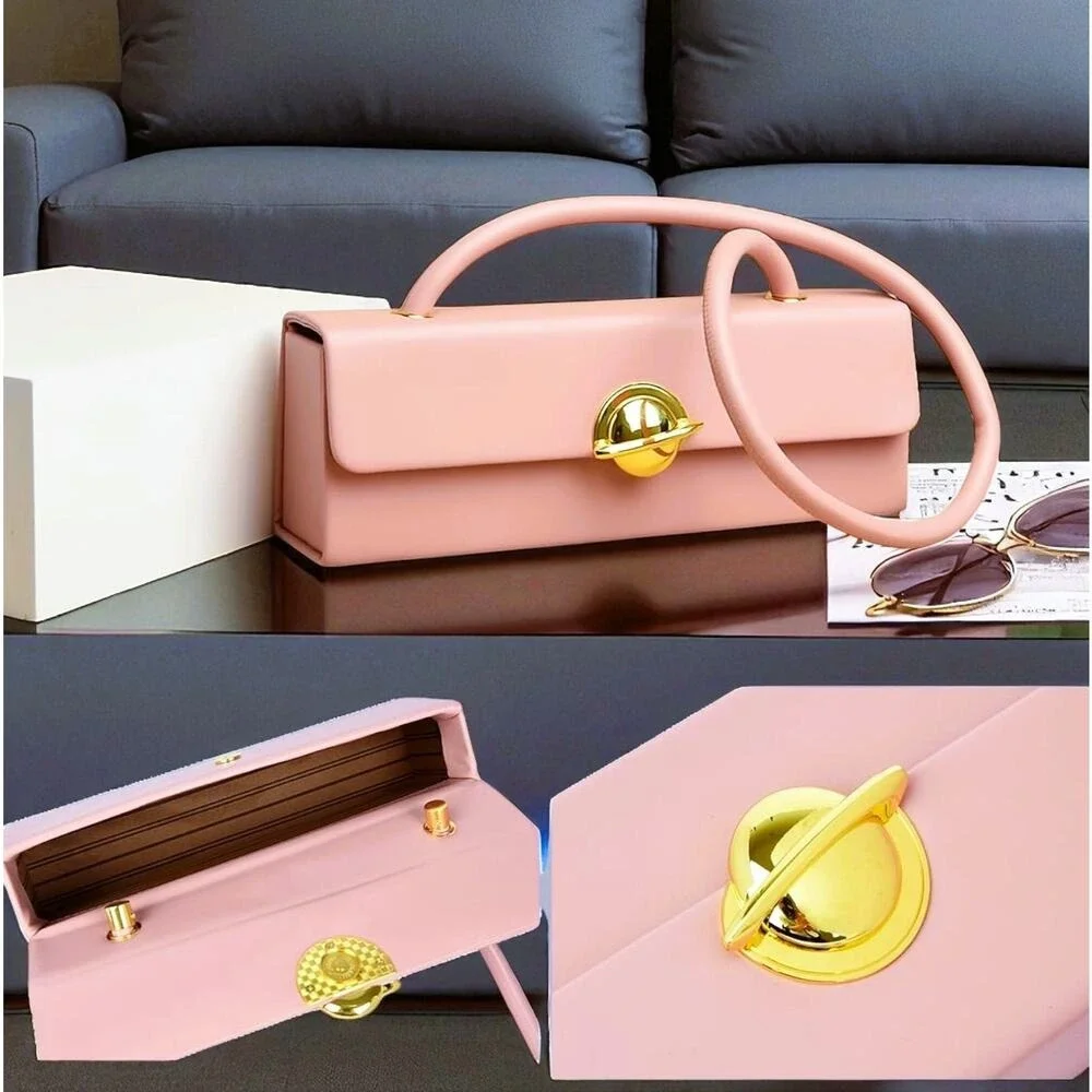 Purse Pink Structured Leather Shoulder‎ Bag with Gold Orbital Turn-Lock Closure